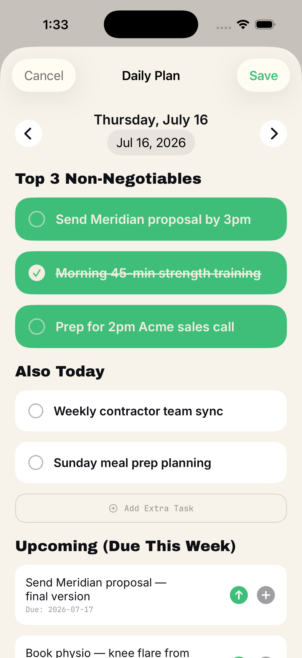 Loop's Daily Plan showing the top three Non-Negotiables, with one completed, plus Also Today and Upcoming.