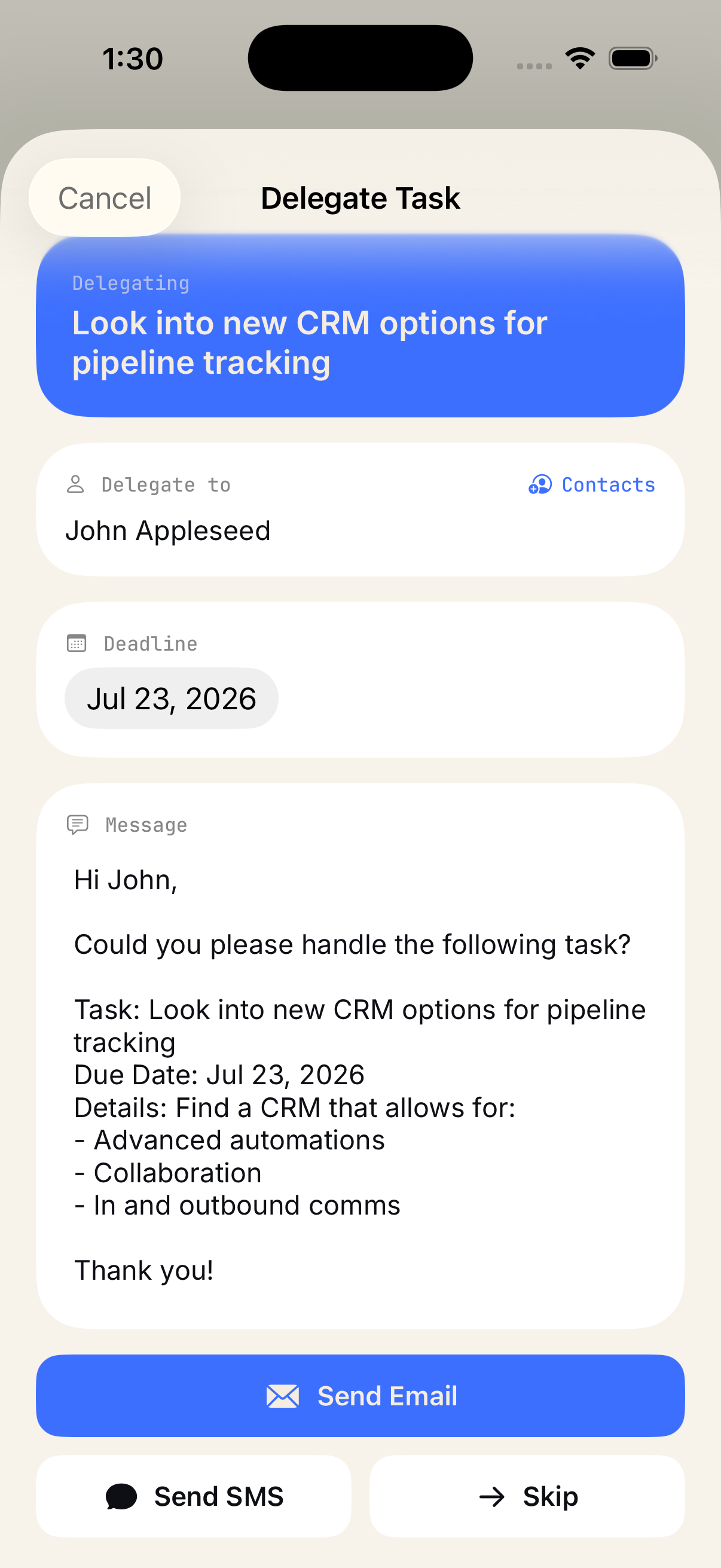 Loop's Delegate Task sheet pre-filling an email to a contact, with Send Email and Send SMS options.