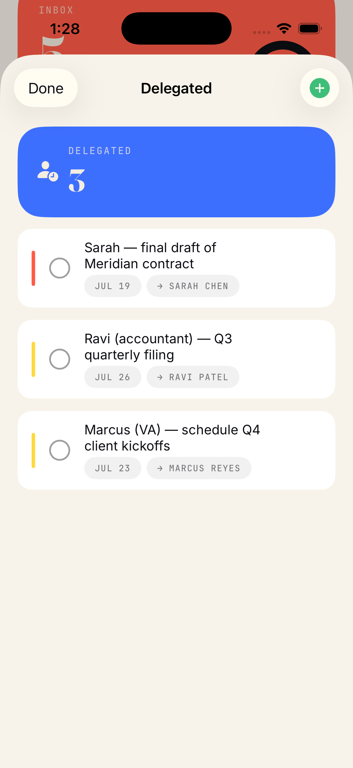 Loop's Delegated list showing three tasks handed to named people with due dates.