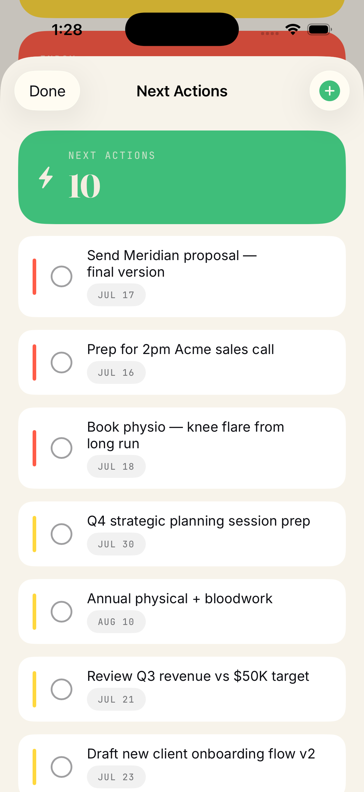 Loop's Next Actions list: processed captures turned into clear, dated next steps.