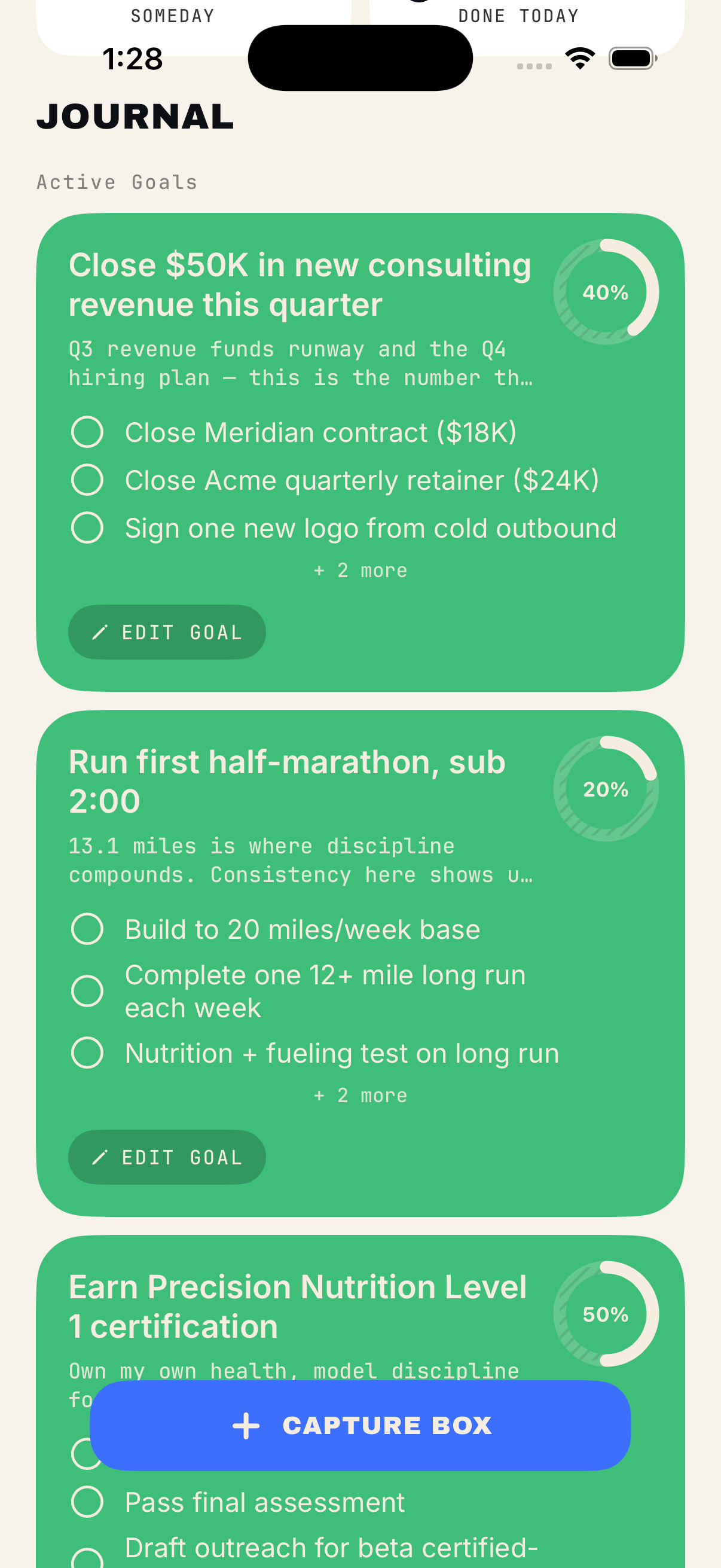 Loop's Active Goals with progress rings for three quarterly goals.