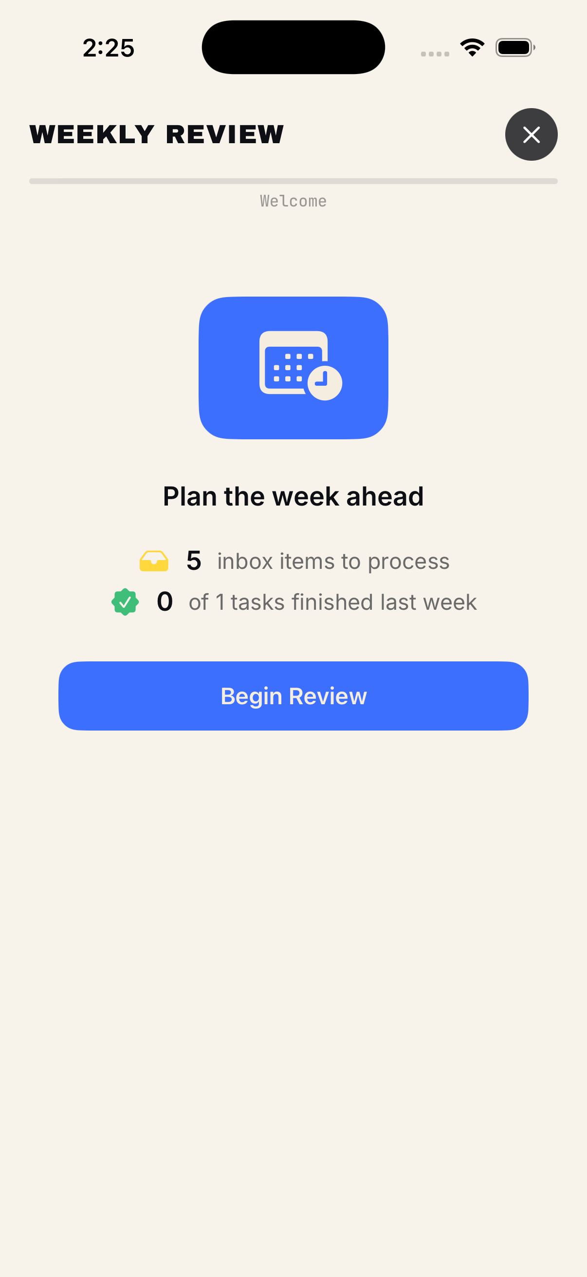 Weekly Ritual, Welcome step: a preview of inbox depth and last week's completion stats, with a Begin button.