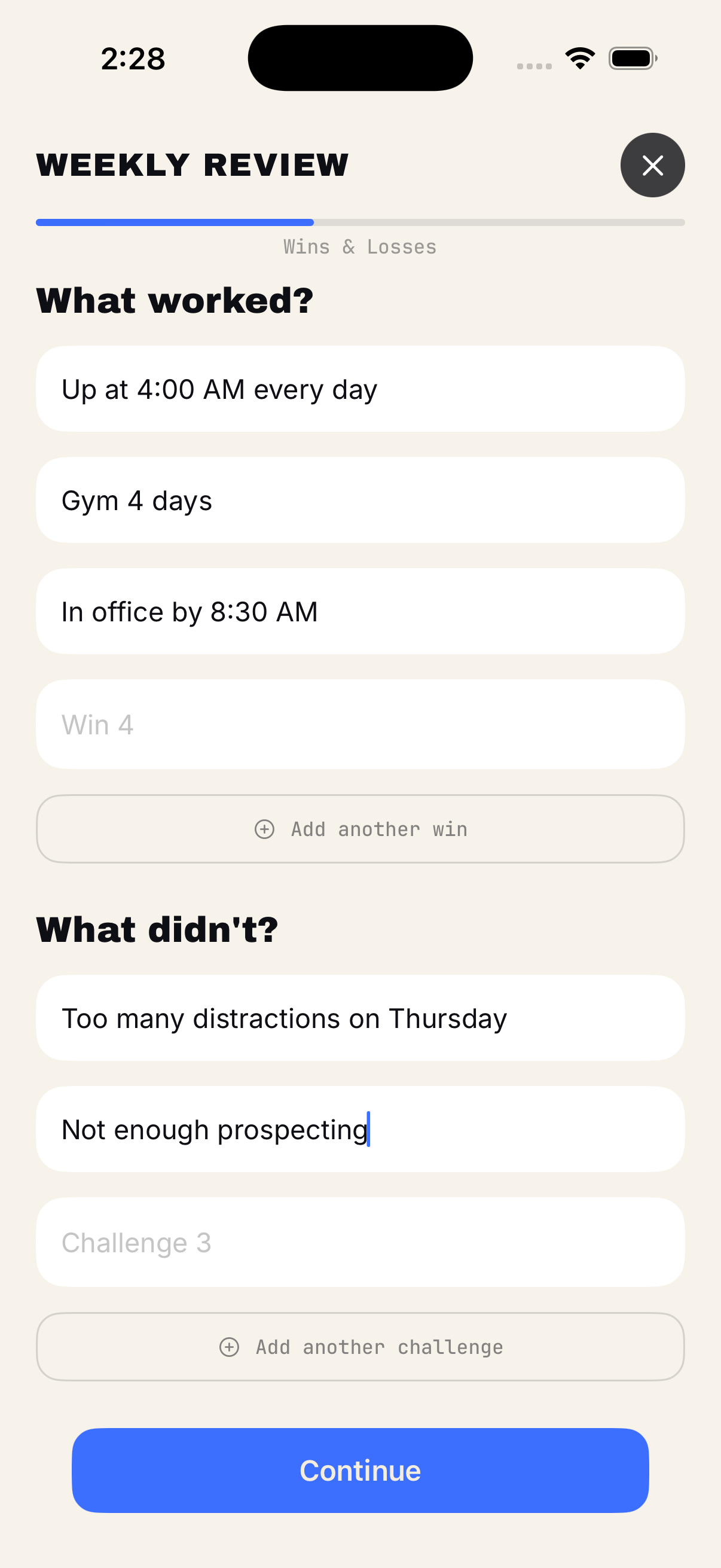 Weekly Ritual, Wins & Losses step: free-form journaling of what worked and what didn't.