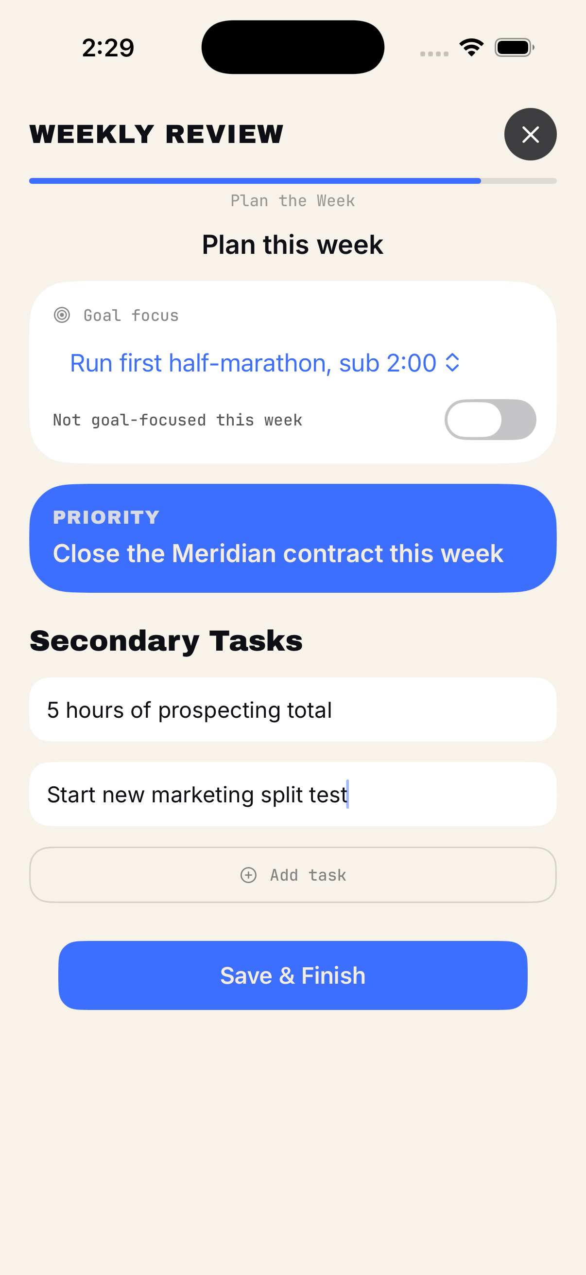 Weekly Ritual, Plan the Week step: a goal focus, your #1 priority, and secondary tasks.