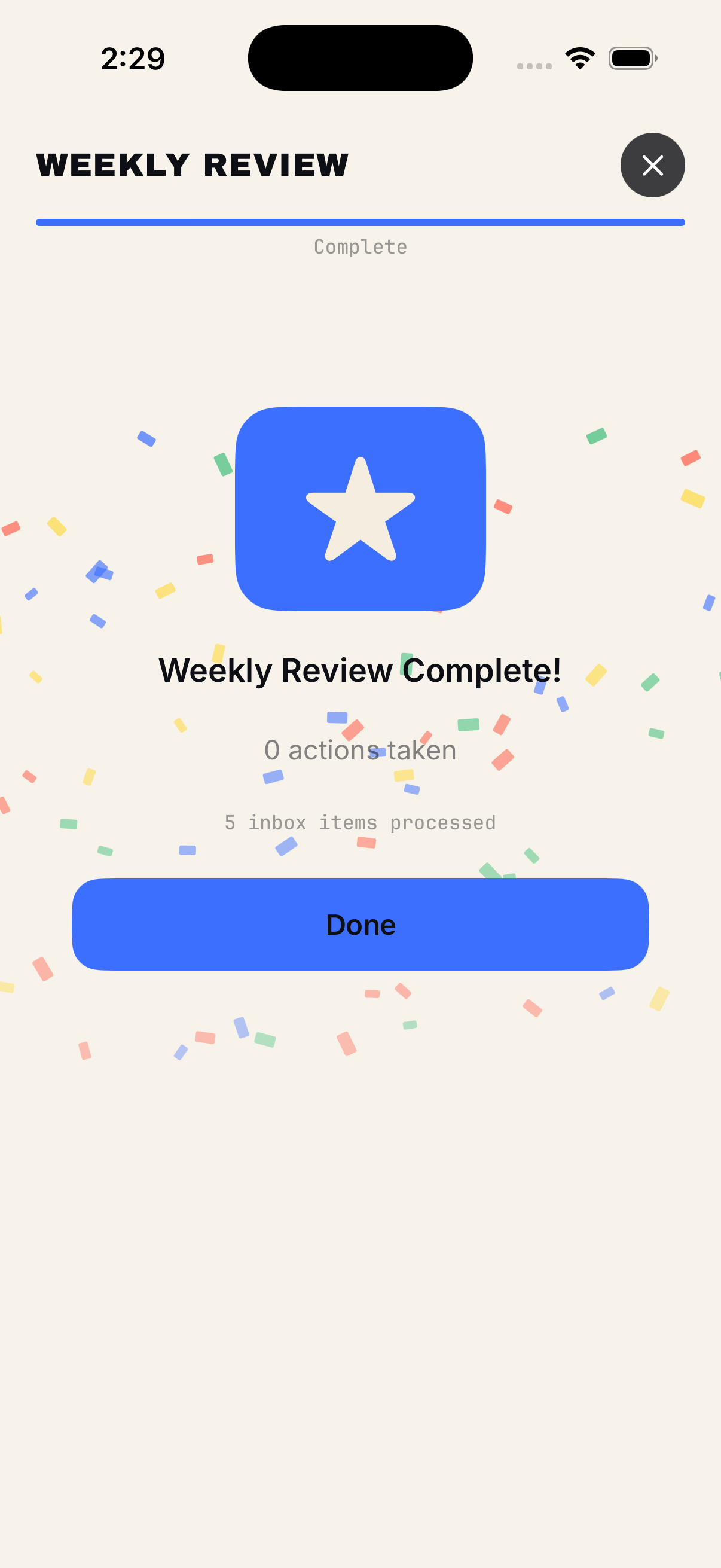Weekly Ritual, Complete step: confetti and a tally of everything you touched.