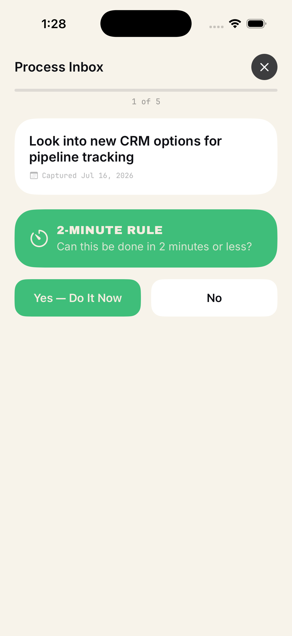 Processing wizard step 1: Can this be done in two minutes or less? Yes — do it now, or No.