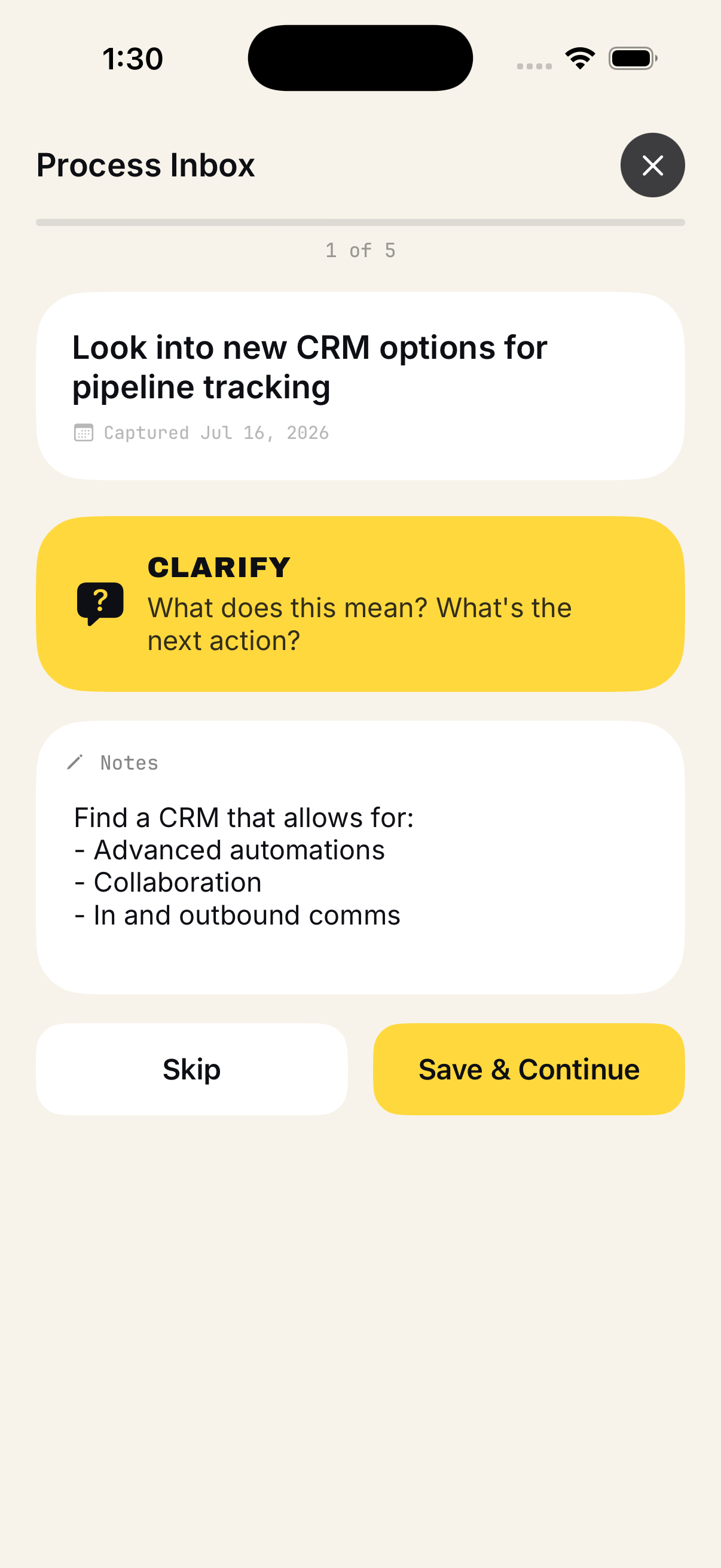 Processing wizard step 2: Clarify what the item means and what the next action is, with a notes field.