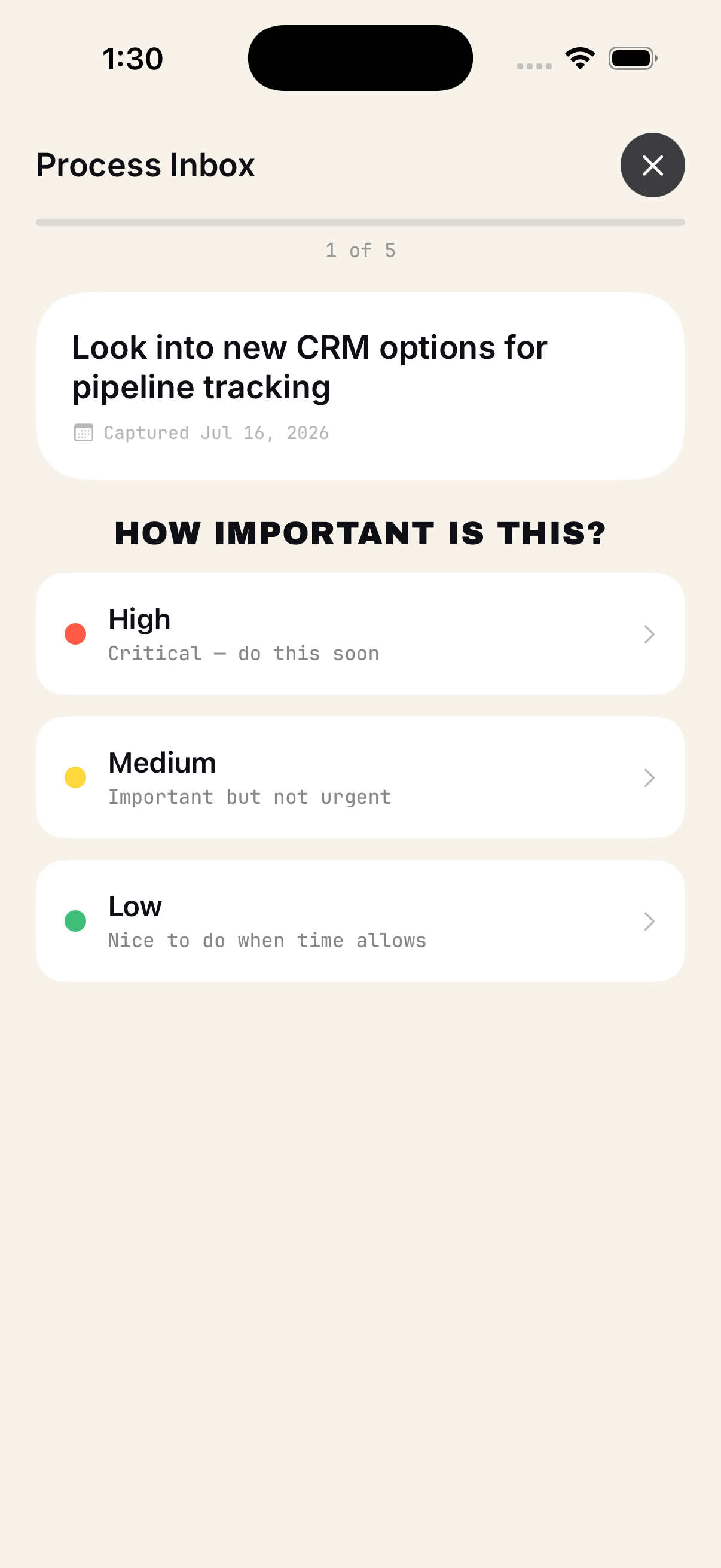 Processing wizard step 3: How important is this? High, Medium, or Low.